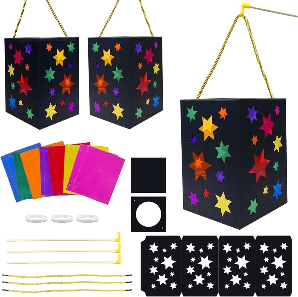 Lantaarn knutselset ster, 3 stuks DIY Sankt Martin lantaarn voor kinderen, lantaarn knutselen sterren met 28 vellen kleurrijk transparant papier voor jongen meisje, ideaal voor lantaarnoptocht