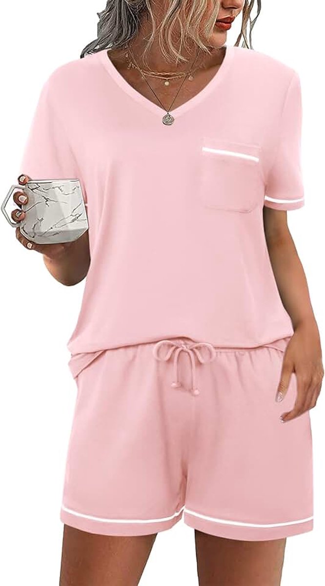 Korte damespyjama van katoen, zomerpyjama, damespyjama met kant en broek met zakken en trekkoord, zacht en comfortabel