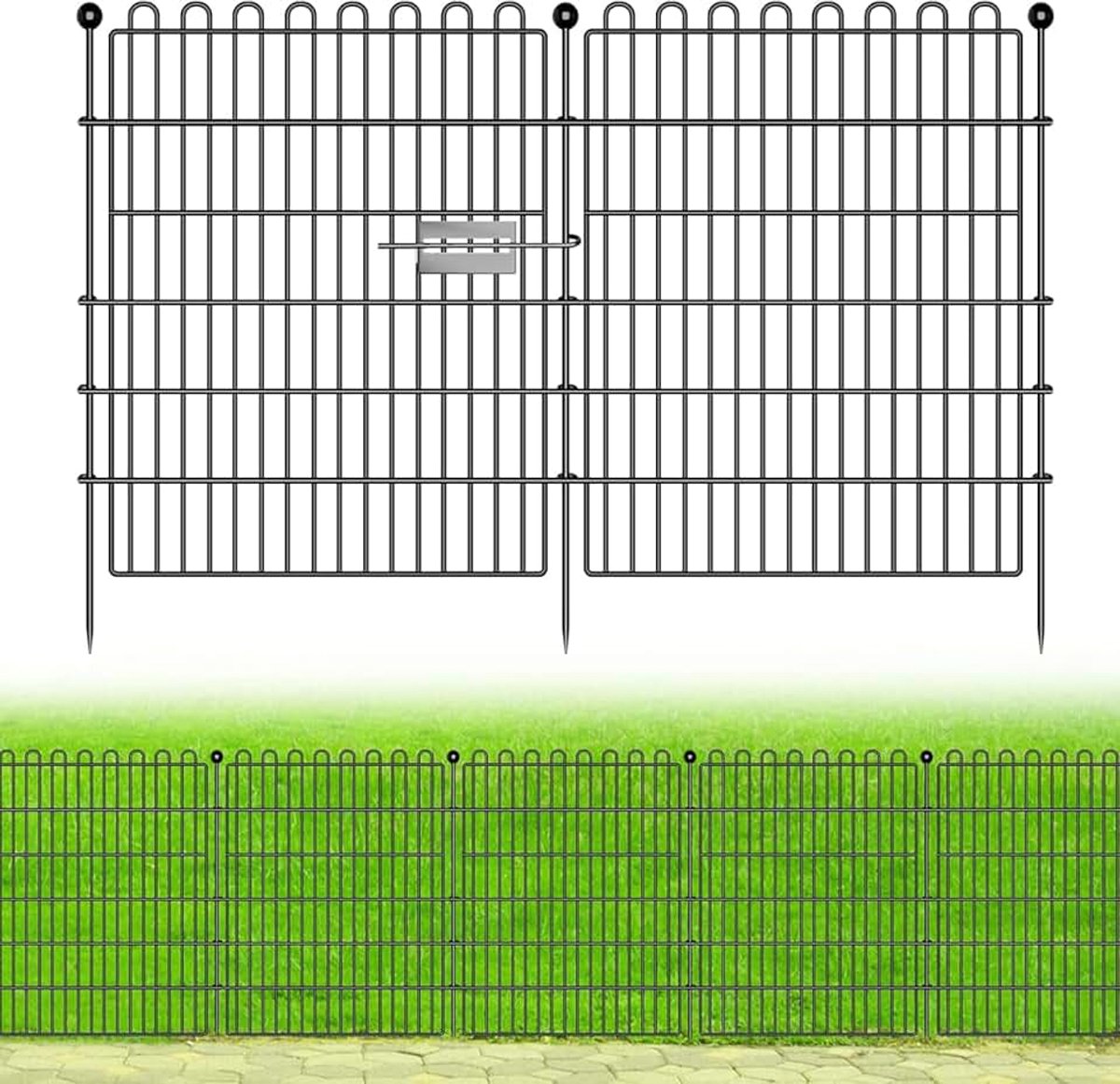 Tuinhek van metaal, 10 panelen (75 x 81 cm) met 11 bevestigingsstangen, rooster voor kennels, bodembegrenzing en vijverbescherming