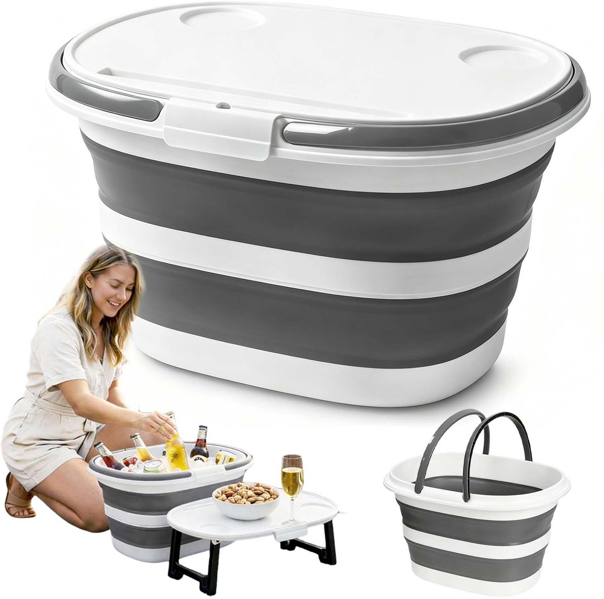 Opvouwbare Emmer - Siliconen Emmer - 2 in 1 Deksel & Kleine Tafel - 16 L - met Handgrepen - 31x24x41 cm - Voor Kamperen & Auto & Tuin & Schoonmaken - Bespaar Ruimte