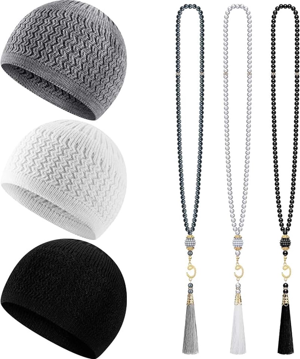 6 Pcs Kufi Hats for Men and Muslim Prayer Beads Set Handicraft Knitted Hat Stretchy Taqiyah Cap and Tasbih Beads (Classic Color)