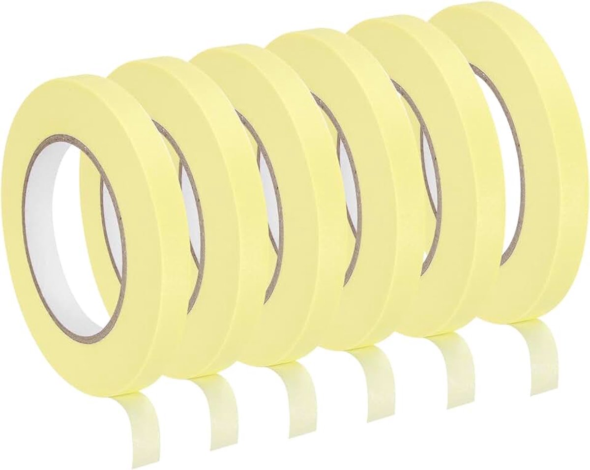 6 stuks 0,5 inch breed 15 m lichtgeel afplakband schildertape rollen voor thuis kantoor commerciële aannemers schoon druppelvrij schilderen breed crêpepapier