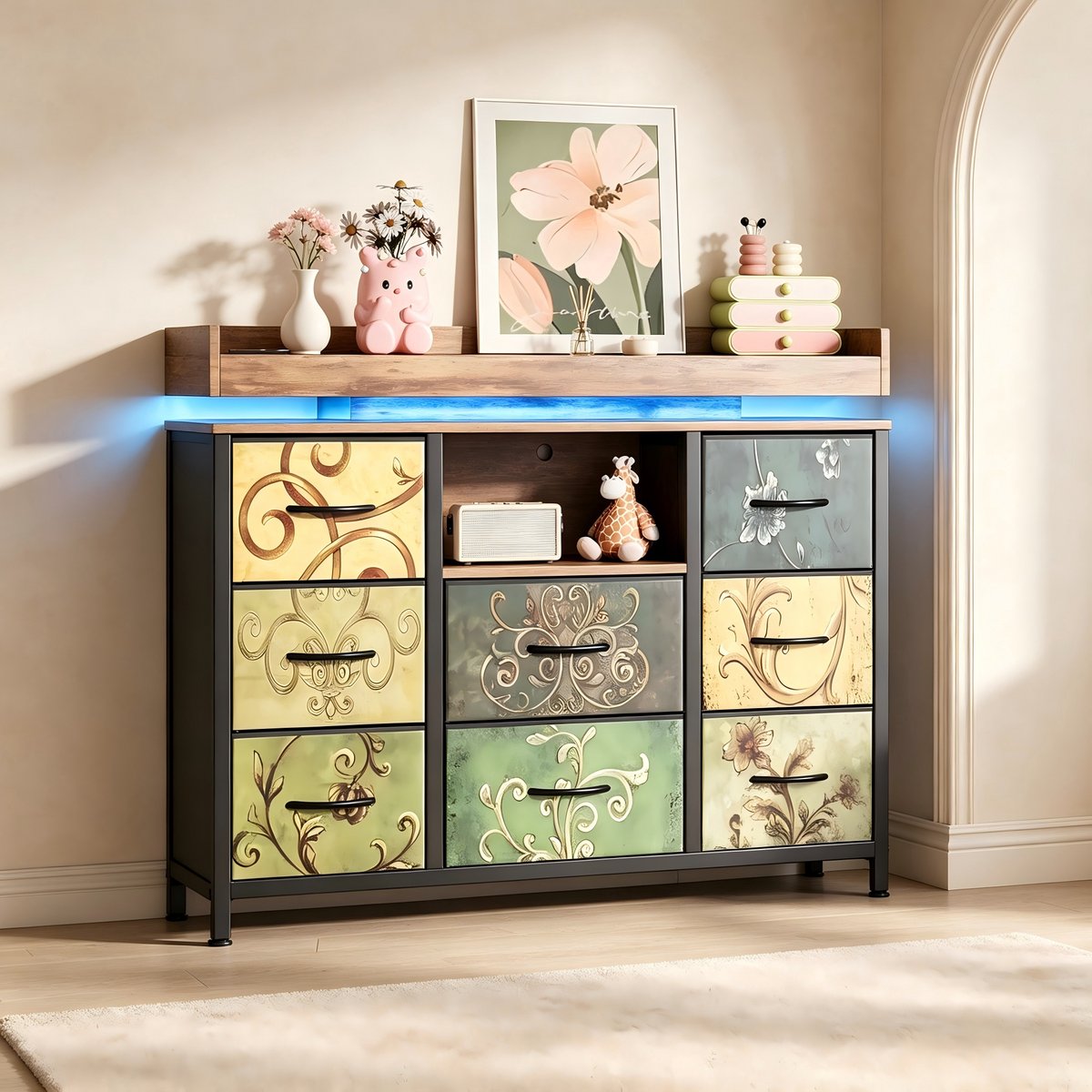 Ladekast met LED-verlichting en USB-poort - Commode met 8 stoffen lades, houten blad en metalen frame, 108x30x82 cm, multicolor