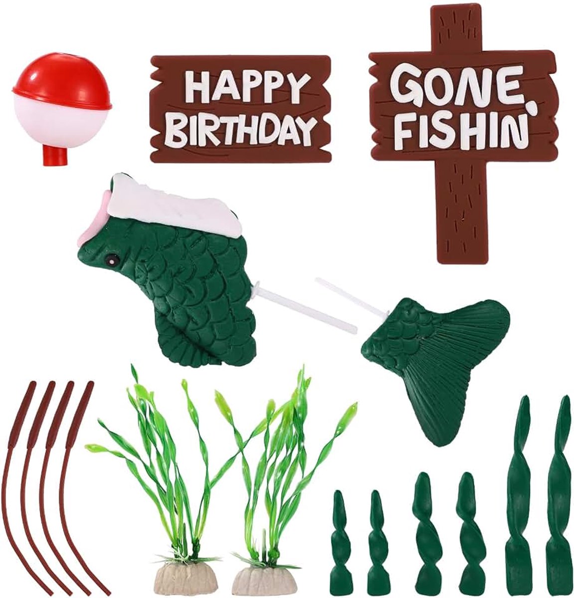 Vis Taart Topper, Gone Fishing Taart Decoraties met Riet Happy Birthday Bord Vis Vlotter voor Vissers Thema Feest Verjaardag Feestartikelen