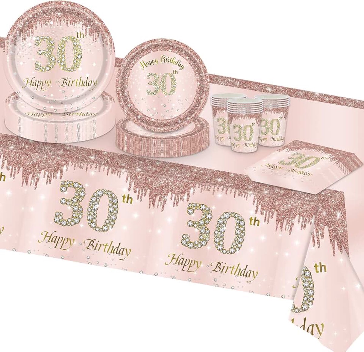 Roségoud 30 verjaardagsdecoraties, feestservies, wegwerp papieren feestborden, kopjes servetten, tafelkleed voor haar meisje en vrouwen, 30e verjaardagsfeestdecoraties (16 gasten) (verjaardag