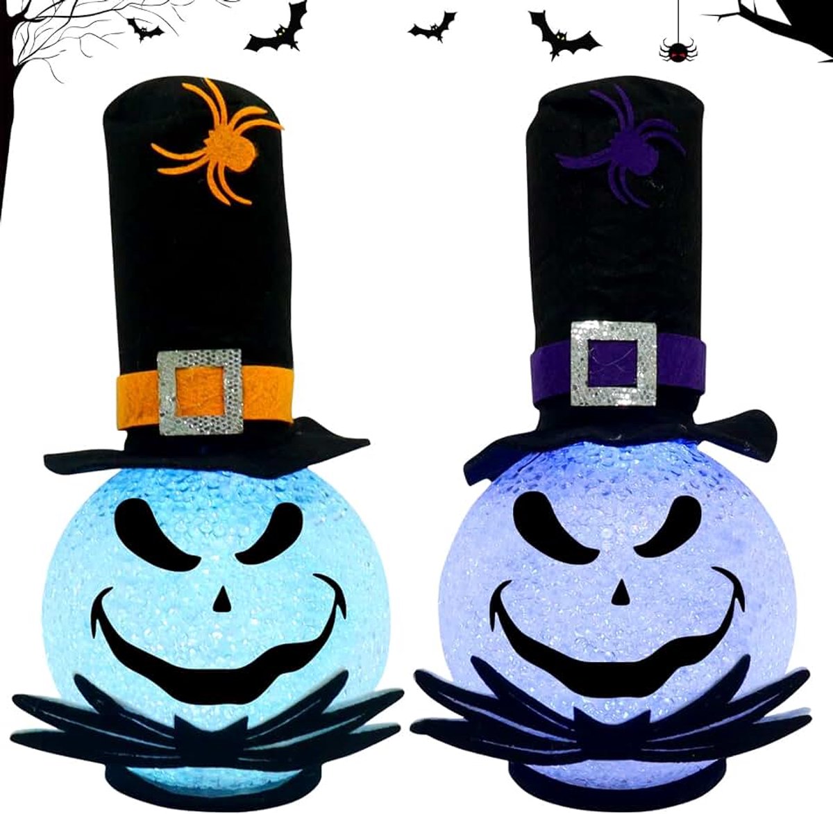 Skeletdecoratie, set van 2 Halloween LED skeletlampjes met kleurrijke kristallen, spooklamp, decoratief geestlampje, Halloween geestdecoratie voor Halloween binnendecoratie, feestdecoratie