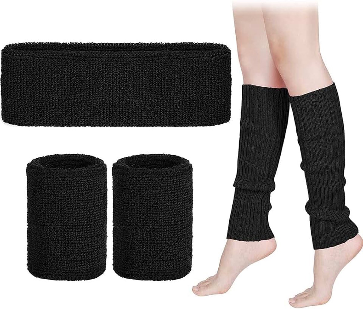 Pak, 1 hoofdband en 2 armbanden, gebreide beenbedekking, vokuhila, carnaval, yogasport, jaren 80-fanjurk, themajurk, feestjurk, accessoires (jaren 80 polsenset, zwart)