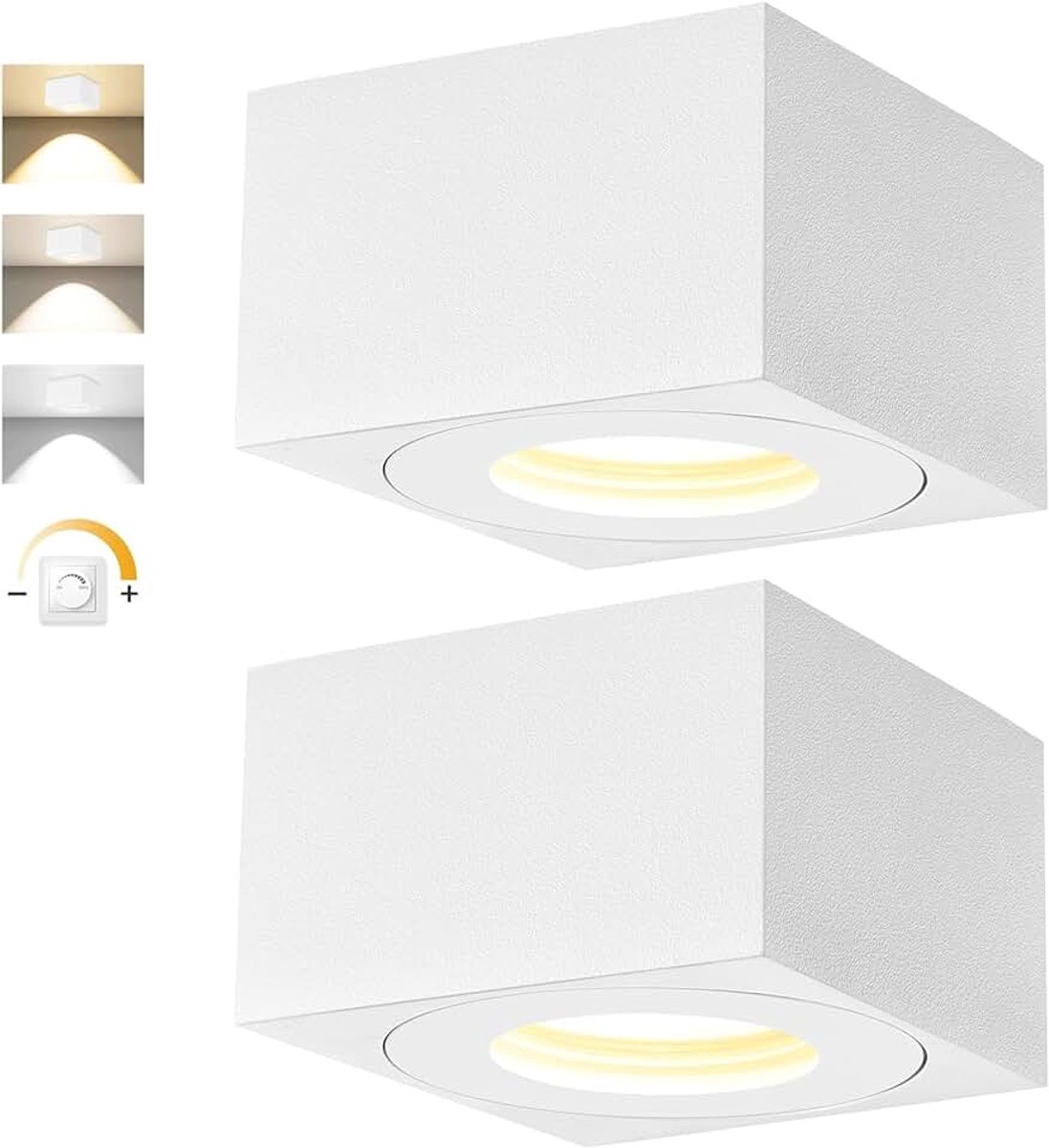 2x LED opbouwspot vierkant dimbaar, IP44 opbouwspots, Ø80x50mm platte plafondspots wit, incl. 5W 550LM LED-module 230V, 3CCT 3000K/4000K/6500K opbouwspots, aluminium opbouwspot plafondlamp