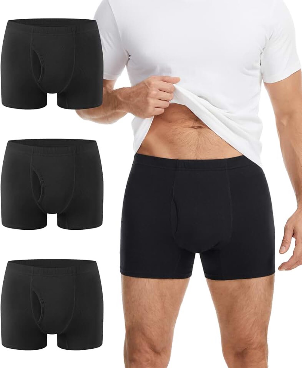 Incontinentiebroeken voor mannen, katoenen incontinentie-boxershorts, 65 ml, absorberend, wasbaar, herbruikbaar ondergoed, lekvrije onderbroeken voor heren, verpakking van 3 stuks (zwart, L)