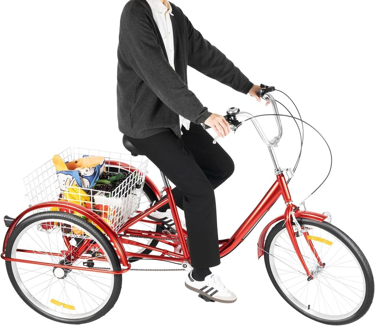 Driewieler voor volwassenen - Driewiel met mand - Comfortabel vervoer - Stevig koolstofstaal frame - 24 inch wielen - Rood