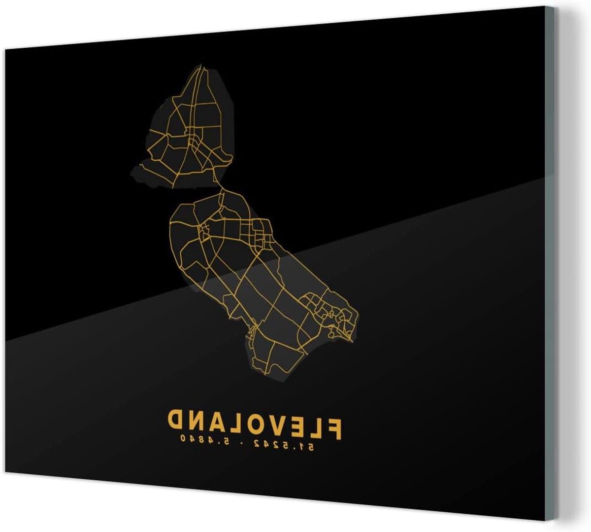 Glasschilderij Wegenkaart - Wanddecoratie Flevoland - Woonkamer Decoreren - Gouden Kaartprint - 90x60 cm - Multi