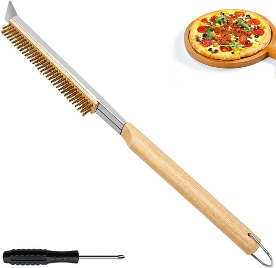 borstel voor pizzasteen, reinigingsborstel voor pizzaoven, 2-in-1 reiniger met lange houten handgreep en roestvrijstalen schraper, ideaal voor pizzaoven, grill en elektrische grill