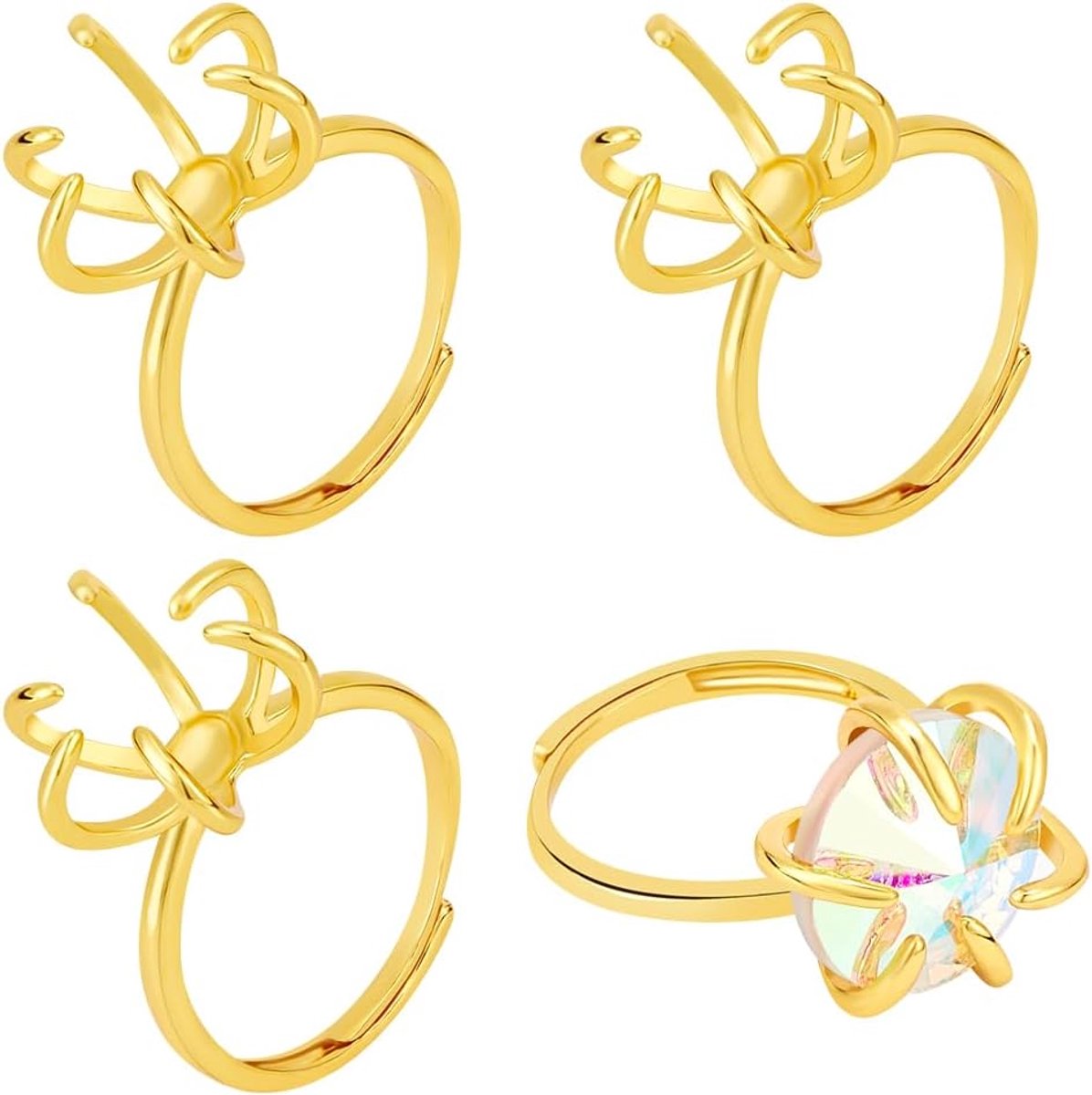 4 Stks Klauw Prong Ring Blank, Verstelbare Messing Ring Bases 18mm Vinger Ring Componenten Vergulde Klauw Prong Ringen Instelling voor DIY Ring Sieraden Maken
