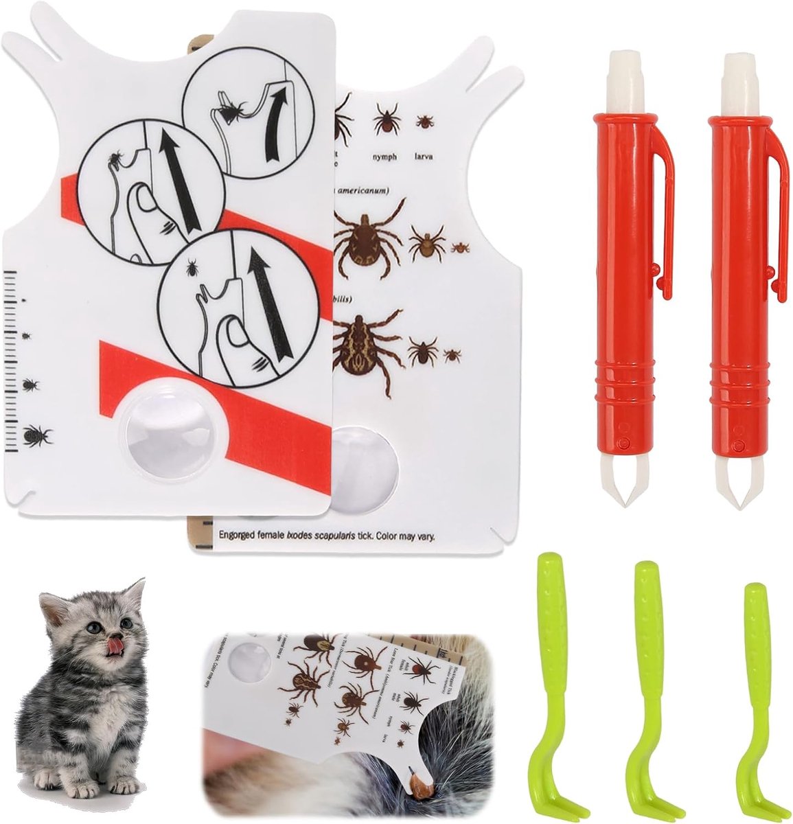Tekenkaart met vergrootglas, bevat tekenhaken en tekenverwijderaar, 7 stuks, snelle reiniging van tekenkaarten voor mensen, honden, katten en huisdieren