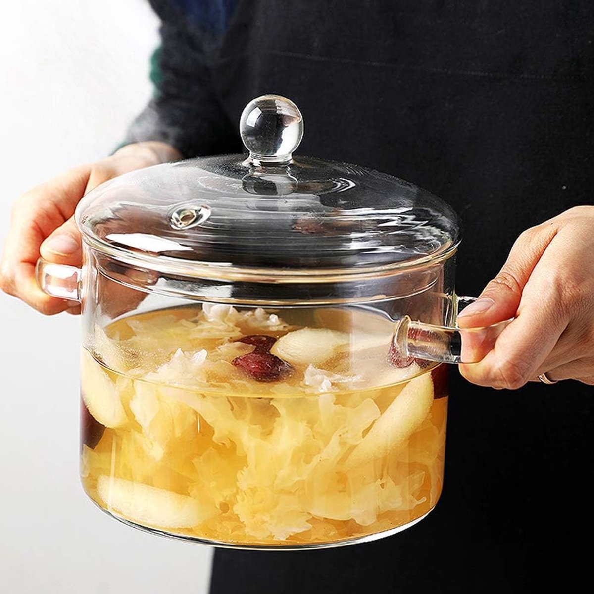 1,5 l glazen kookpot met deksel, geschikt voor inductie (plaat in de pot leggen), C-stijl handgrepen, stoofpot voor groenten & soepen