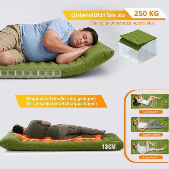 Zelfopblazend, 13 cm dik, opblaasbaar matras met huttenslaapzak, voetpomp en kussen, isomat, campingmatras, luchtmatras voor outdoor, kamperen, wandelen, fietsen (groen) — afbeelding 2