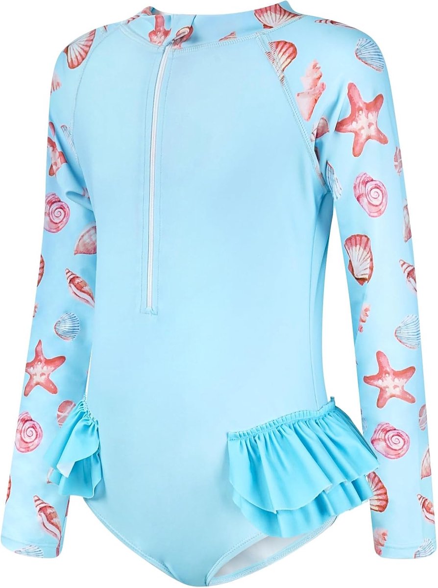 Badpak voor meisjes, eendelig, lange mouwen, ritssluiting, ruches, badmode, zomer, Rash Guards voor kinderen van 3-12 jaar, 98-158