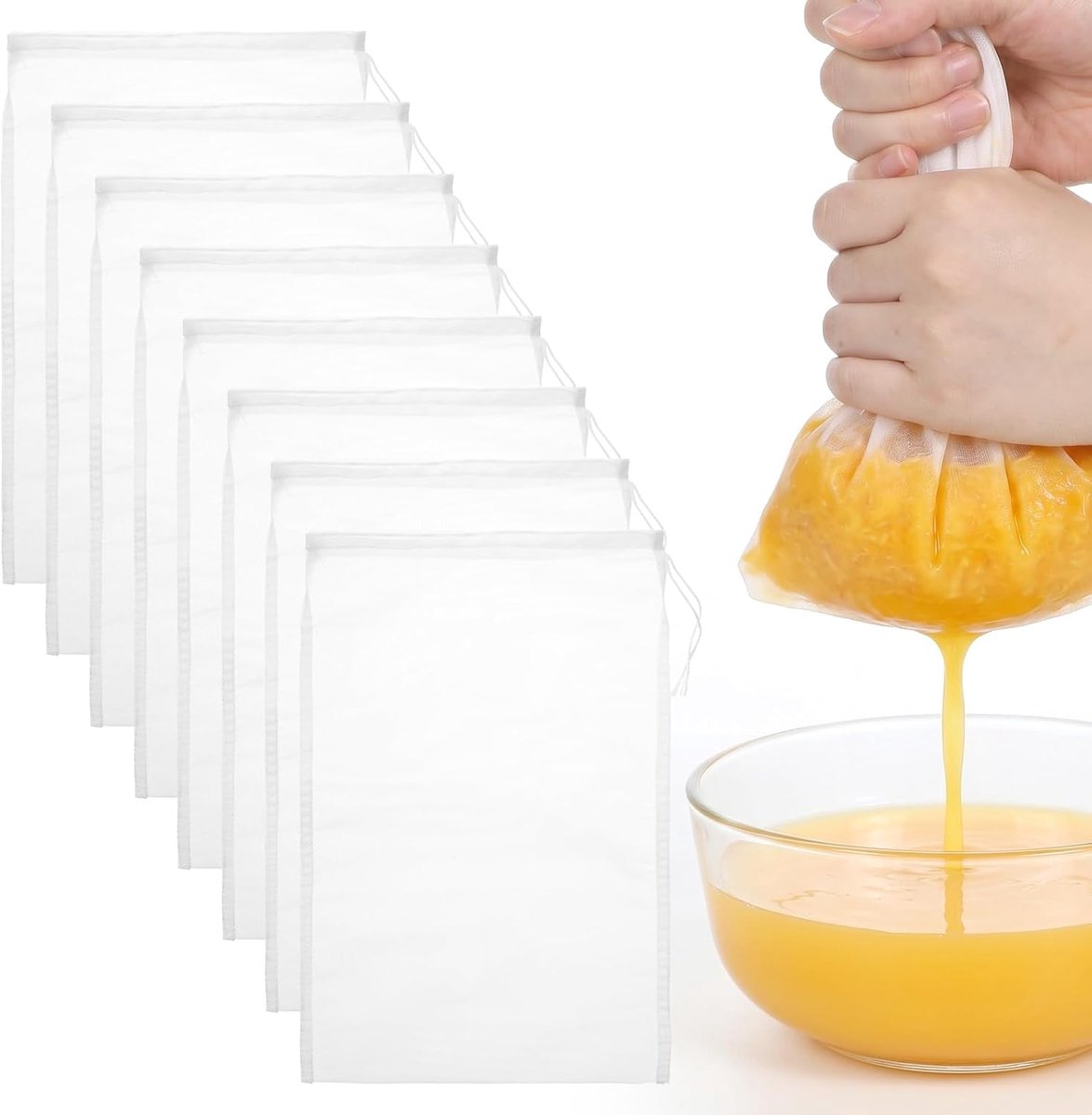 8 stuks notenmelkzakken, pasdoek, herbruikbaar, 20 × 30 cm, fijngeweven, nylon filterzak, notenzak, zeef, wasbaar, zeefdoek met trekkoord voor notenmelk, kaas, koffie, yoghurt, vruchtensap
