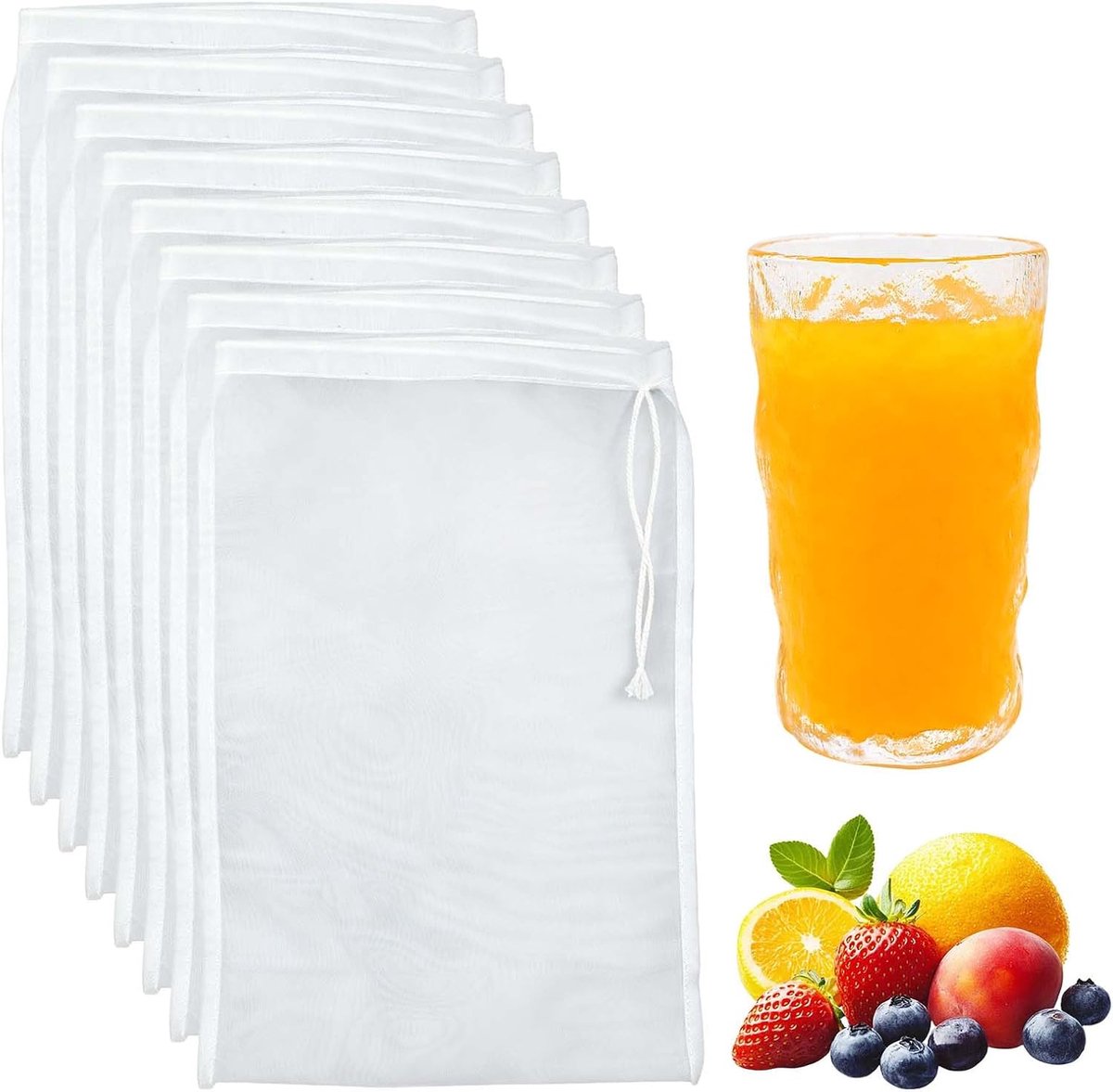 8 stuks notenmelkzakken, 20 × 30 cm, herbruikbare zeefdoek, fijngeweven, nylon filterzak met trekkoord, wasbare zeefzak voor notenmelk, kaas, koffie, yoghurt en vruchtensap
