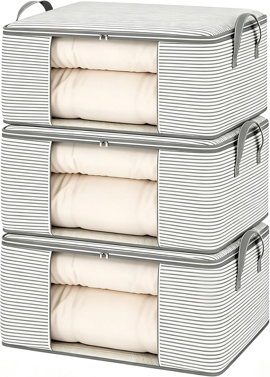 Opbergtas, 3 stuks, kledingopslag, kledingkast, organizer, onderbed, opbergdoos, inklapbaar, stapelbaar, met versterkte handgrepen en dubbele ritssluiting voor kleding, 55 x 35 x 25 cm (grijs)