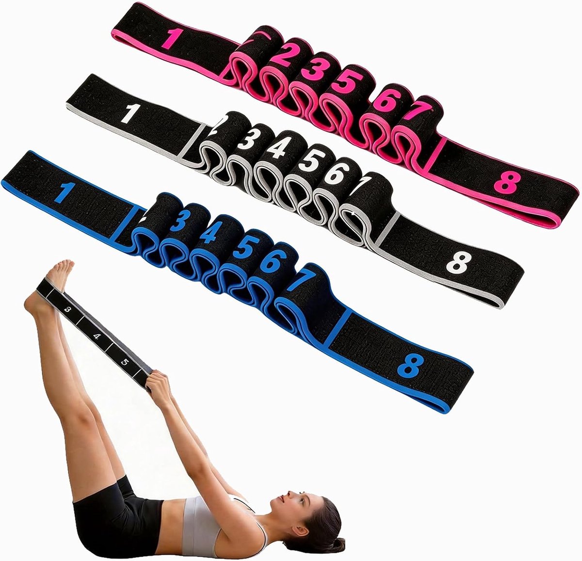 Fitnessband met lussen, 3-delige set, gymnastiekband met 8 instelringen, polyester-latex yogariem met lussen, draagbaar voor yoga en gymnastiek.