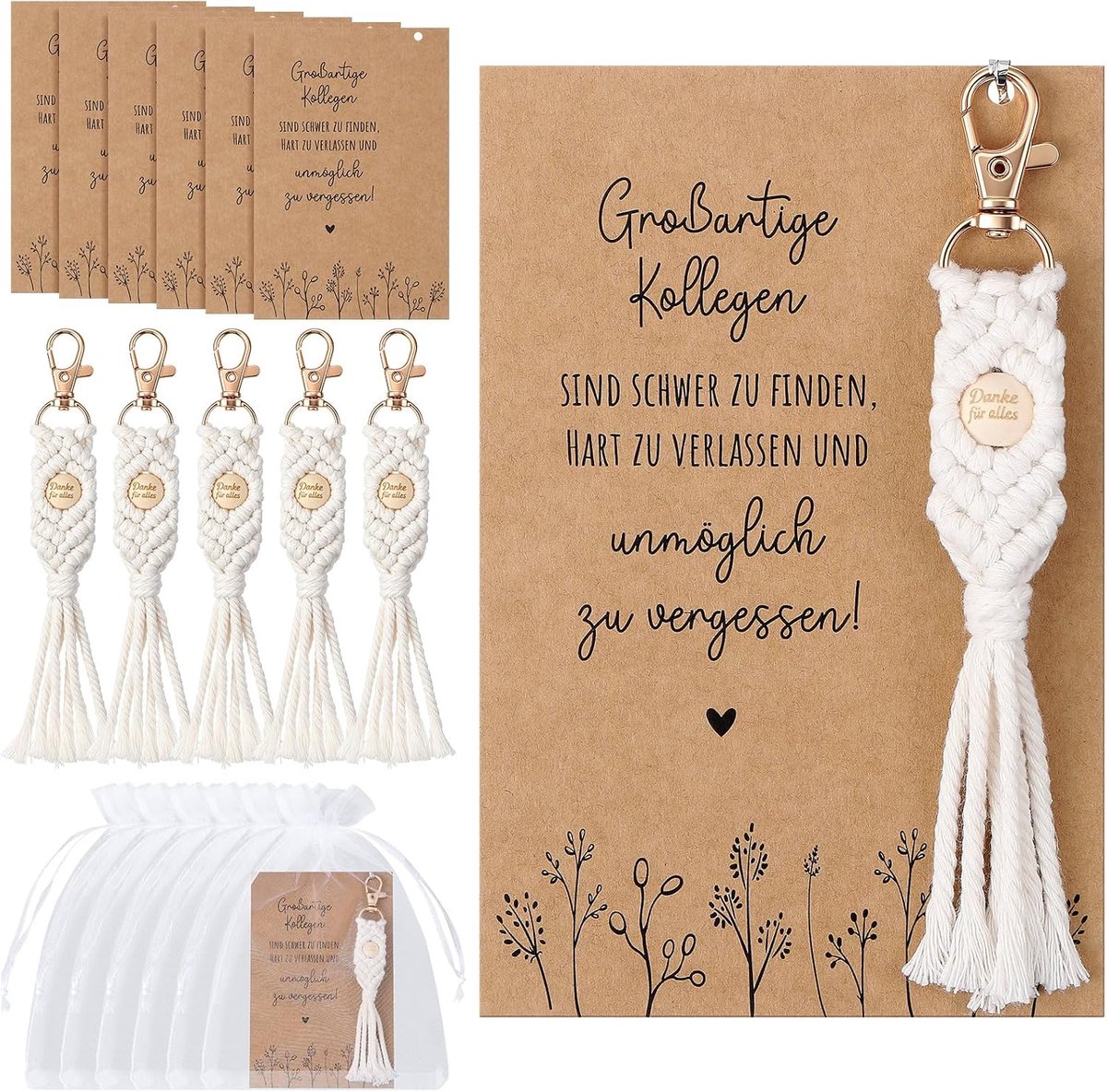 10 Set Bedankcadeaus Afscheidscadeau Macramé Sleutelhanger Großartige Kollegen Kaart Met Organzazakje Voor Collega Teamlid Vriendin Verjaardag Vrouwen
