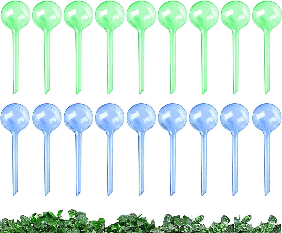 18 stuks irrigatieballen voor planten, kleine planten, gietballen, 13 x 5 cm, planten, irrigatieballen, potplanten, plantenbewateringsballen voor binnen en buiten (groen + blauw)