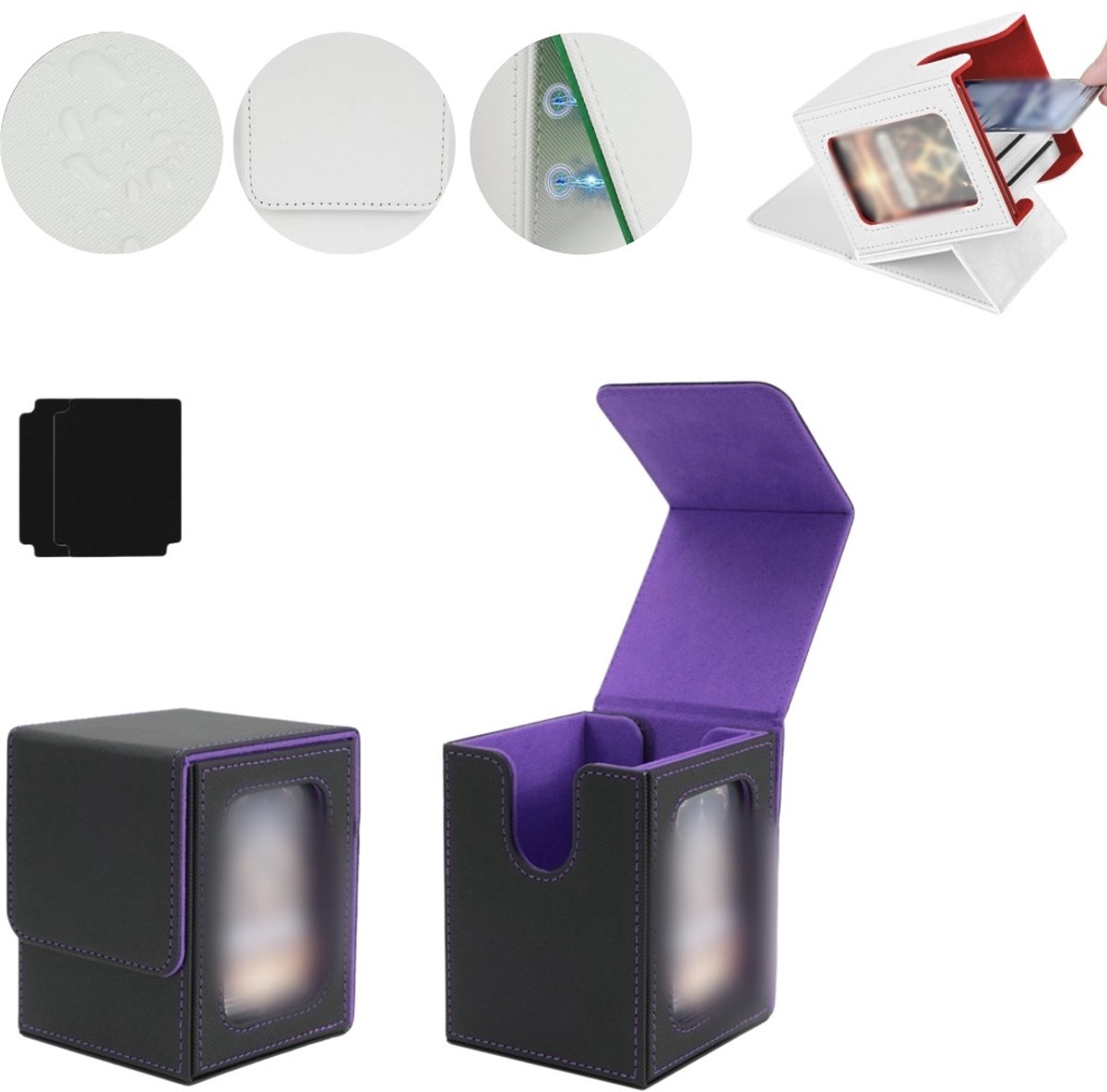 Kaartenopbergdoos – Magnetische TCG-displaydoos – Geschikt voor 100 kaarten met dubbele sleeves – Verticale deckbox van PU-leer – Verzameldoos met kijkvenster – 8,5 x 9,5 x 11,2 cm
