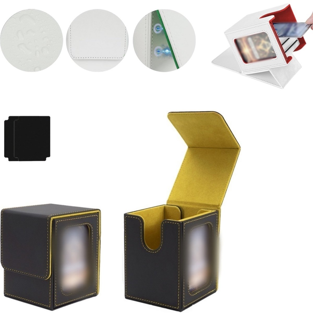 Kaartenopbergdoos – Magnetische TCG-displaydoos – Geschikt voor 100 kaarten met dubbele sleeves – Verticale deckbox van PU-leer – Verzameldoos met kijkvenster – 8,5 x 9,5 x 11,2 cm