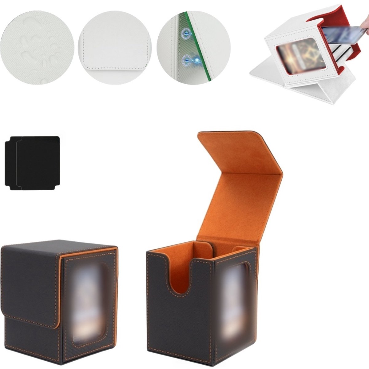 Kaartenopbergdoos – Magnetische TCG-displaydoos – Geschikt voor 100 kaarten met dubbele sleeves – Verticale deckbox van PU-leer – Verzameldoos met kijkvenster – 8,5 x 9,5 x 11,2 cm