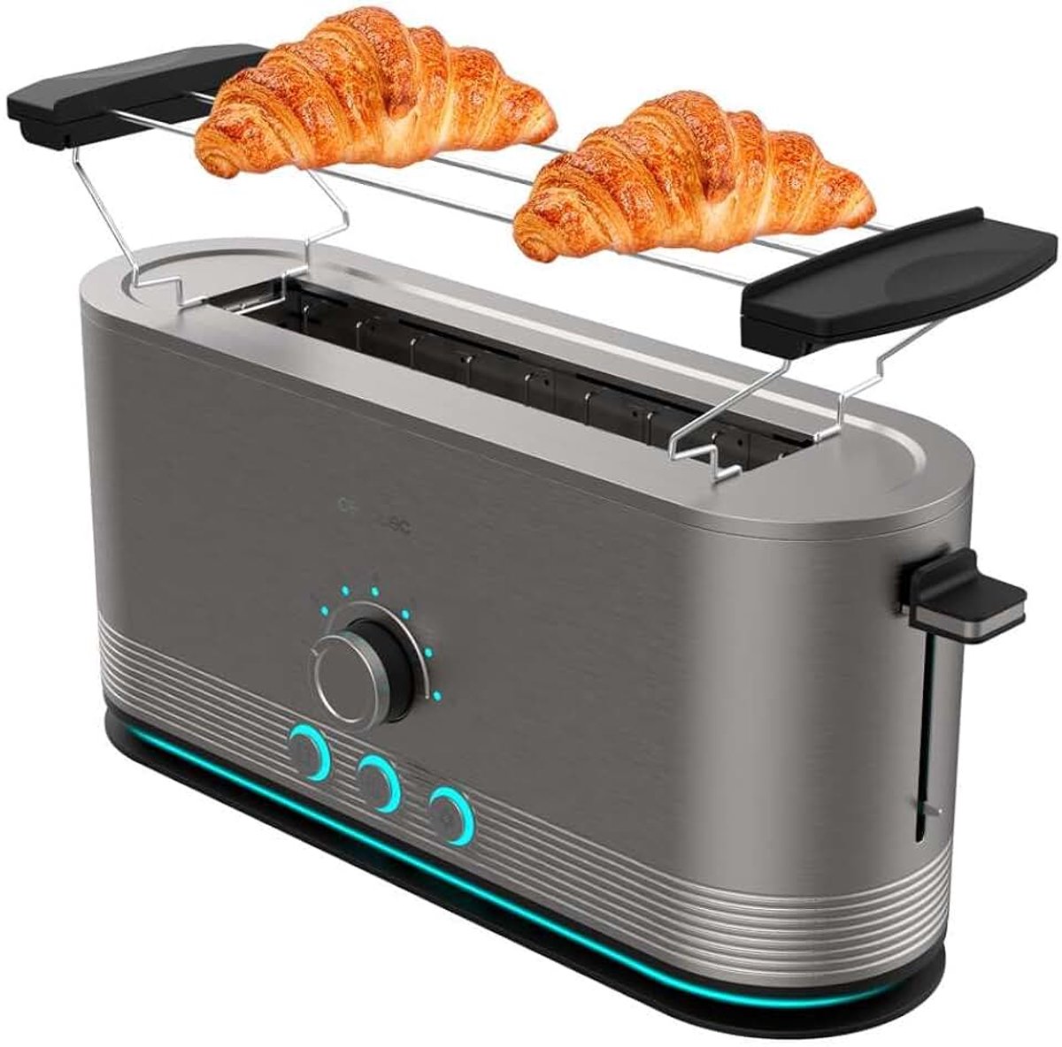 Verticale broodrooster van roestvrij staal met lange sleuf Shine&Toast Extra. 1050W, capaciteit voor 2 sneden, brede sleuf van 3,8 cm, lichtring, 7 roosterstanden, bovenste stangen