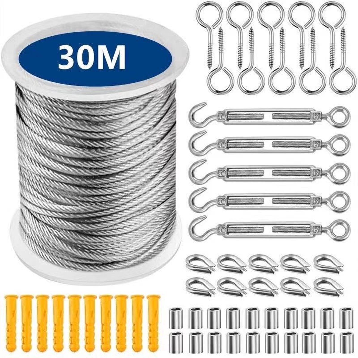 56 stuks staalkabelset - Buitenverlichting geleidedraad - 30M/98FT 304 roestvrijstalen draadkabel - Staalkabel met oogjeshaken - voor Buiten Tuin Keuken - M5 spanschroef staalkabel - Spandraad systeem Voor Klimplanten - Waslijn