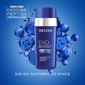 Weleda EXO BOOST DOUBLE SERUM flesje omringd door bubbels. Tekst: INNOVATION EXOSOME PEPTIDE TECHNOLOGY SWISS NATURAL SCIENCE.