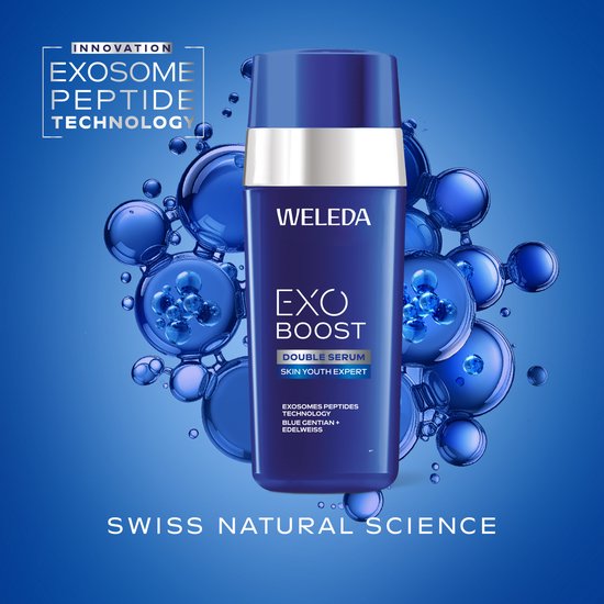 Weleda EXO BOOST DOUBLE SERUM flesje omringd door bubbels. Tekst: INNOVATION EXOSOME PEPTIDE TECHNOLOGY SWISS NATURAL SCIENCE.