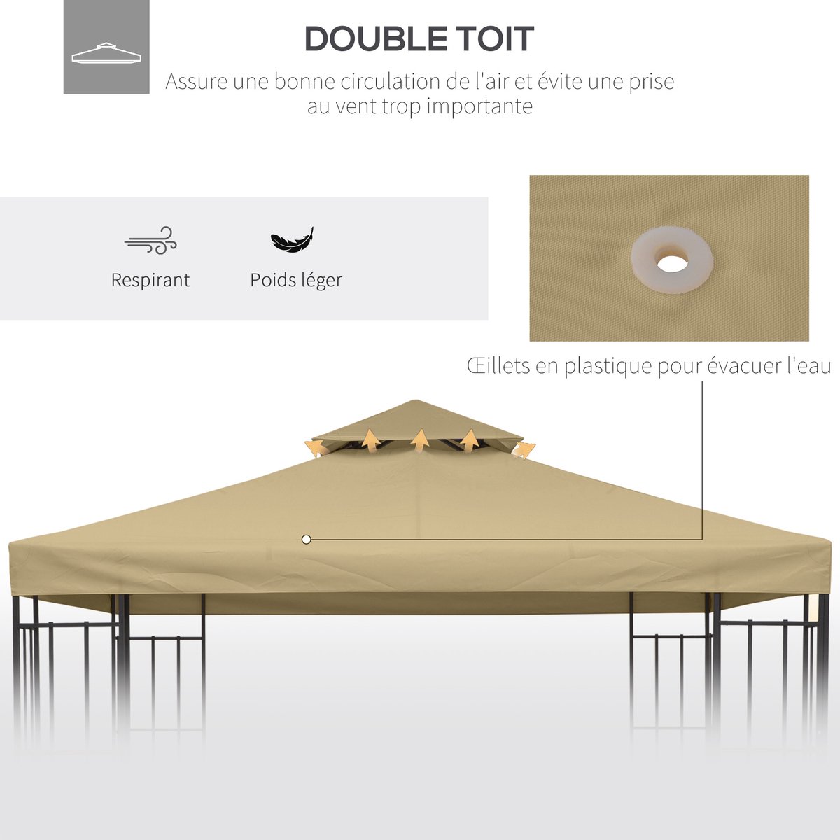 Vervangend dak voor tuinpaviljoen, reservestof voor paviljoen, paviljoen, tent, 3 x 3 m, beige