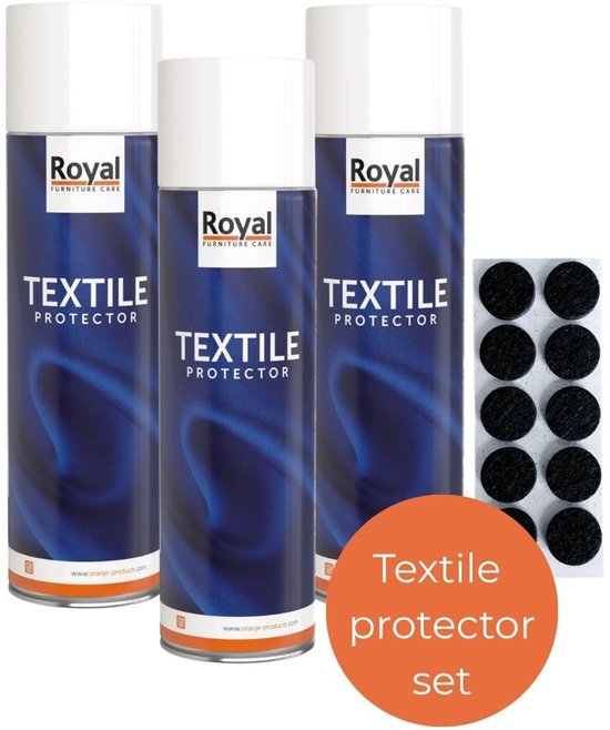 Drie spuitbussen Royal Furniture Care textiel protector en een vel met ronde viltjes.