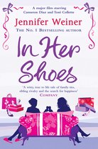 Boekomslag met de titel 'In Her Shoes' en illustraties van schoenen, cadeautassen en silhouetten op een bank.