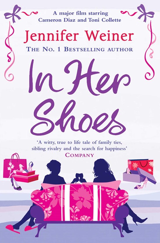 Boekomslag met de titel 'In Her Shoes' en illustraties van schoenen, cadeautassen en silhouetten op een bank.
