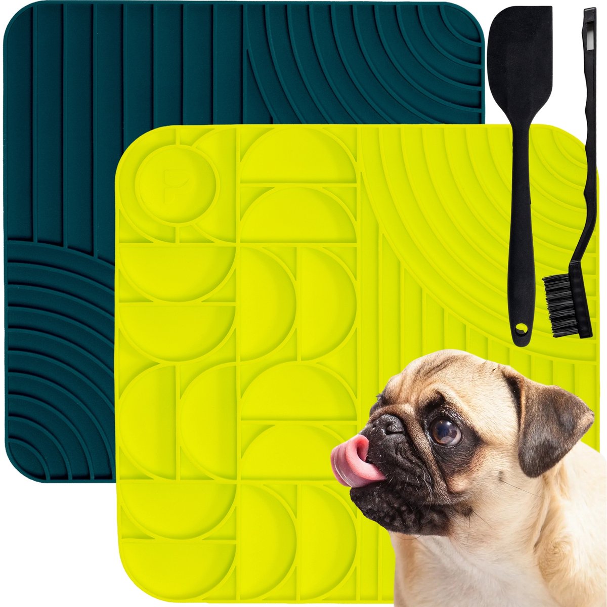 Peluvio Fieno Likmat voor Kat & Hond – Set van 2 – Slow Feeder Kat – Lick Mat met 36 Zuignappen – LFGB Siliconen – Vaatwasserbestendig – Inclusief Spatel & Borsteltje – Kalmerende Voermat – Willekeurige patronen