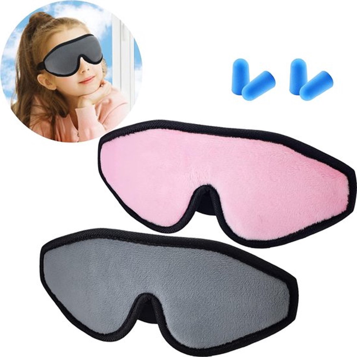 2-pack 3D-slaapmasker voor kinderen, oogmasker met memory foam contouren, reisslaapmasker met verstelbare bandjes, 3D-oogmasker (roze en grijs)