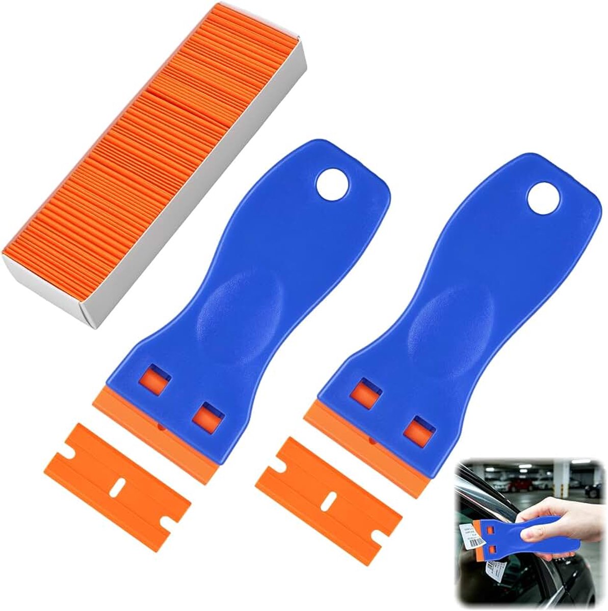 Schrapers van kunststof, met 100 reservemessen, ergonomisch antislip gereedschap voor glaskeramiek, glas, etiketten, lijm, verf, stickers en stickers, voor delicate oppervlakken