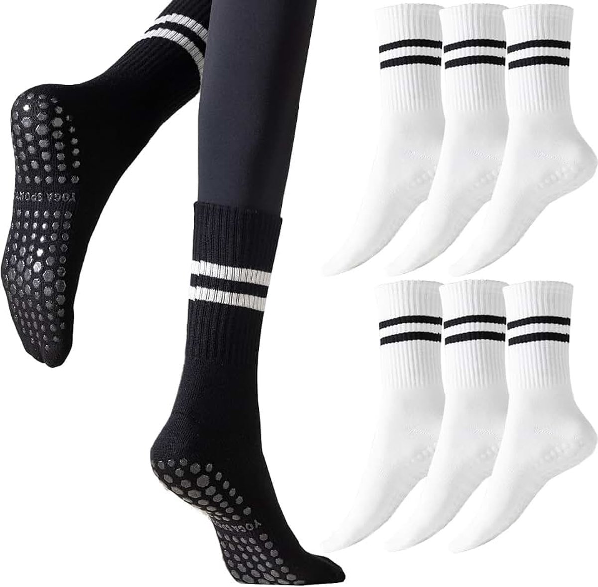 Sokken voor dames, gestreepte sokken, yogasokken, antislip sokken, gestreepte katoenen sokken, antislip sportsokken voor sport, pilates, gymnastiek, EU 35-40