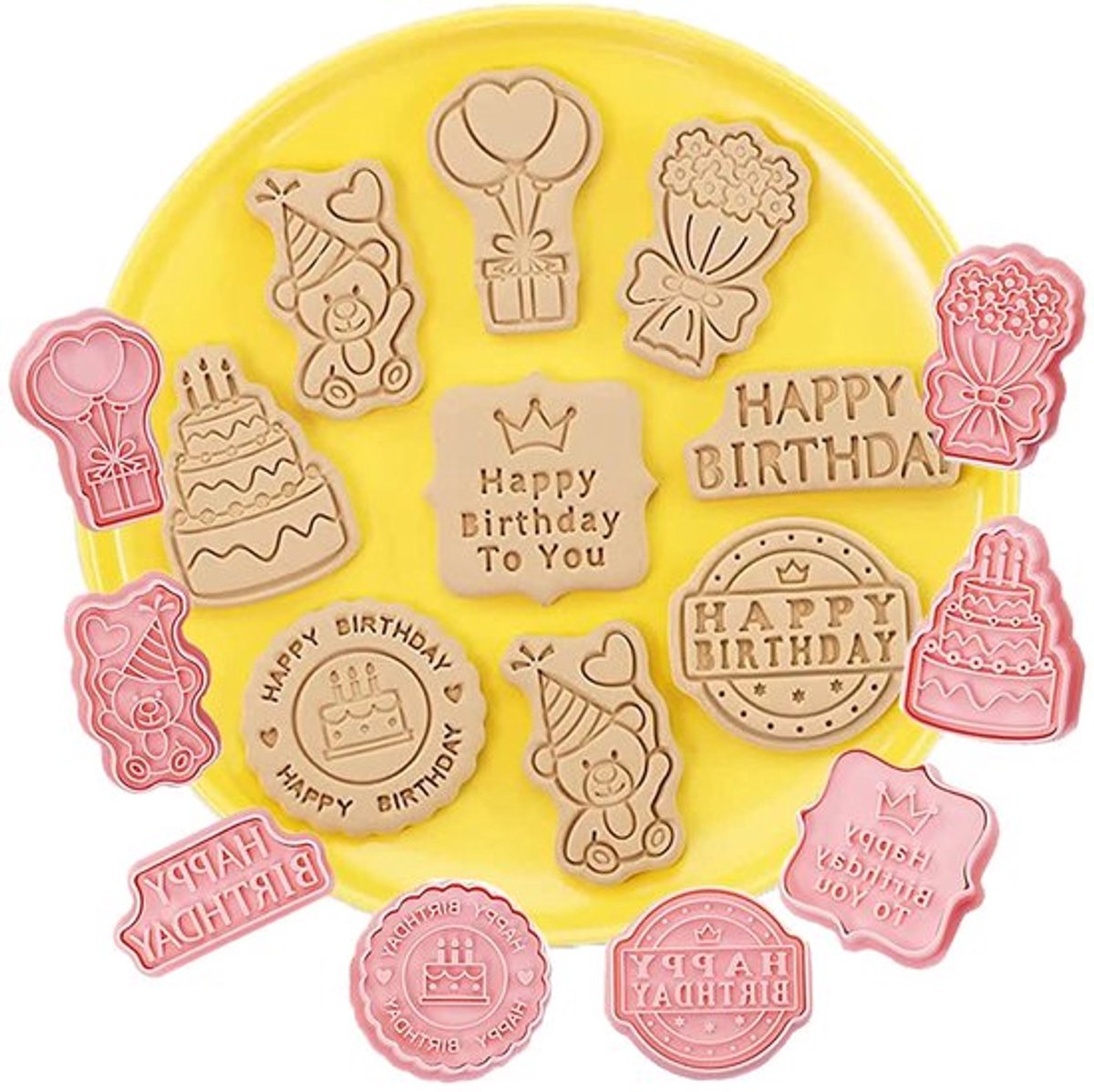 Verjaardags koekjesuitsteekvormen - 3D Koekjesuitsteekvormen - Perfect voor feestjes - Roze - Koekjesvormset - DIY Bakgereedschap - Geschikt voor...