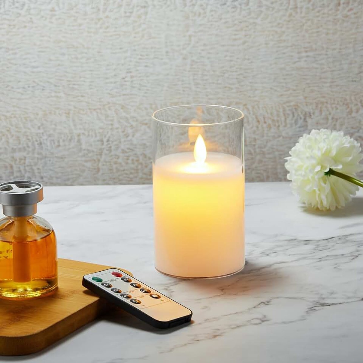 Kaarsen in Glas - Batterij & Afstandsbediening | Realistische Flikkerende Vlam met Timer voor Gezellige Kerstmis, Halloween & Verjaardagen | Feestdecoratie - 7,5x15 cm