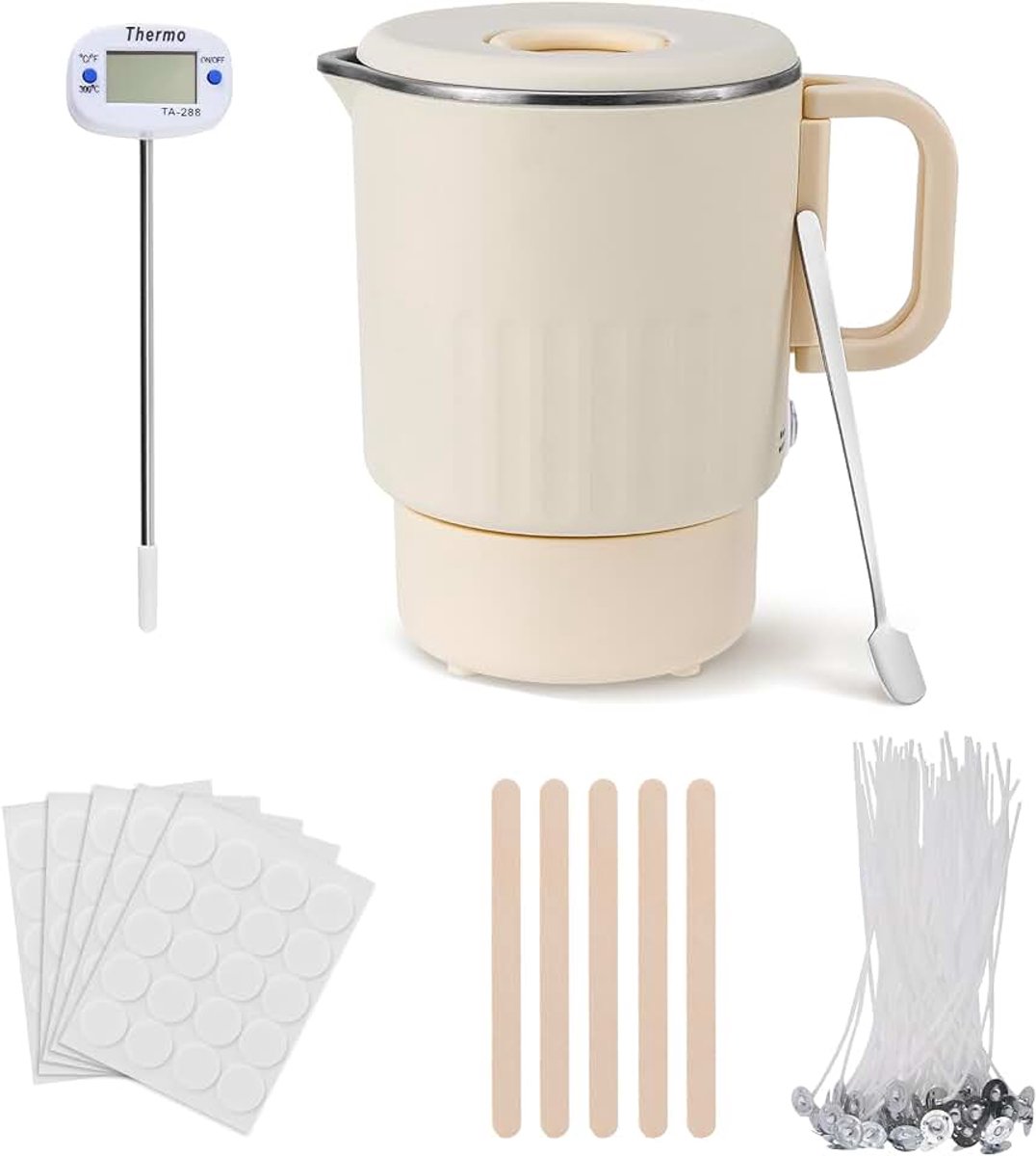 Wassmelter voor kaarsen, 1 liter, elektrische wassmeltpot, kaarsen zelf maken, set voor volwassenen, beginners met thermometer, kaarslonten, sticker, lonthouder, roerlepel