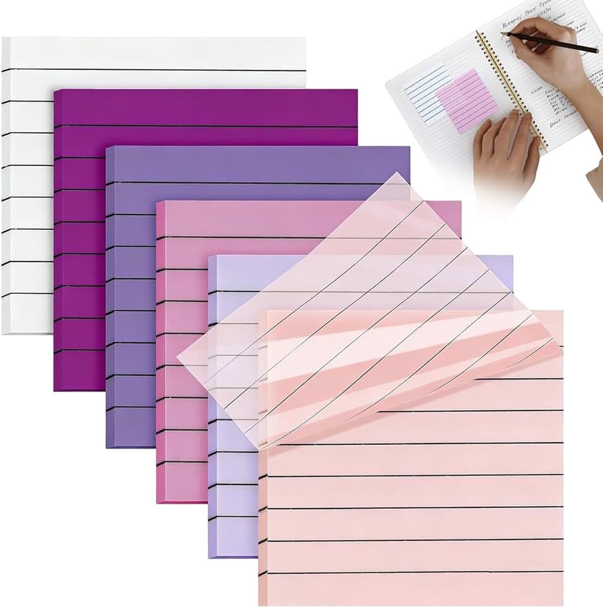 Plakbriefjes, 300 vellen, 7,5 x 7,5 cm, doorzichtige gelijnde, zelfklevende notitieblaadjes in 6 kleuren, waterdicht, zelfklevend, voor school, kantoor, thuis en
