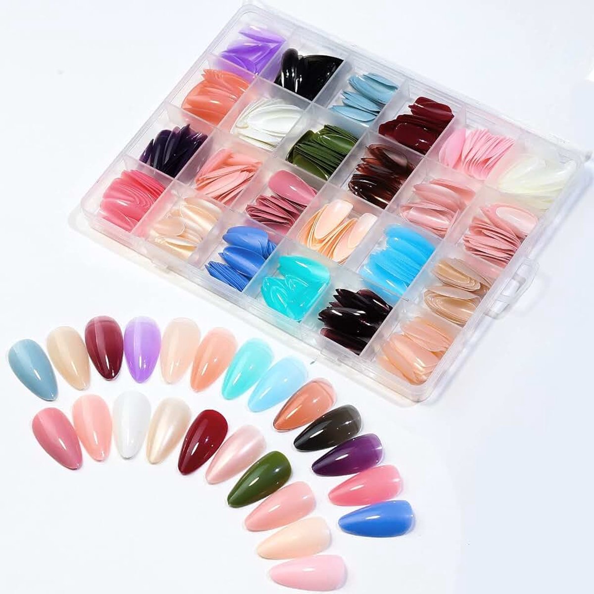 Druk op Nagels Medium Amandel CHANGAR 576 STKS Matte Acryl Medium Amandel Nep Nagels Volledige Cover Korte Stiletto Valse Nagels Set 24 Effen Kleur Valse Nagels voor Nail Art DIY