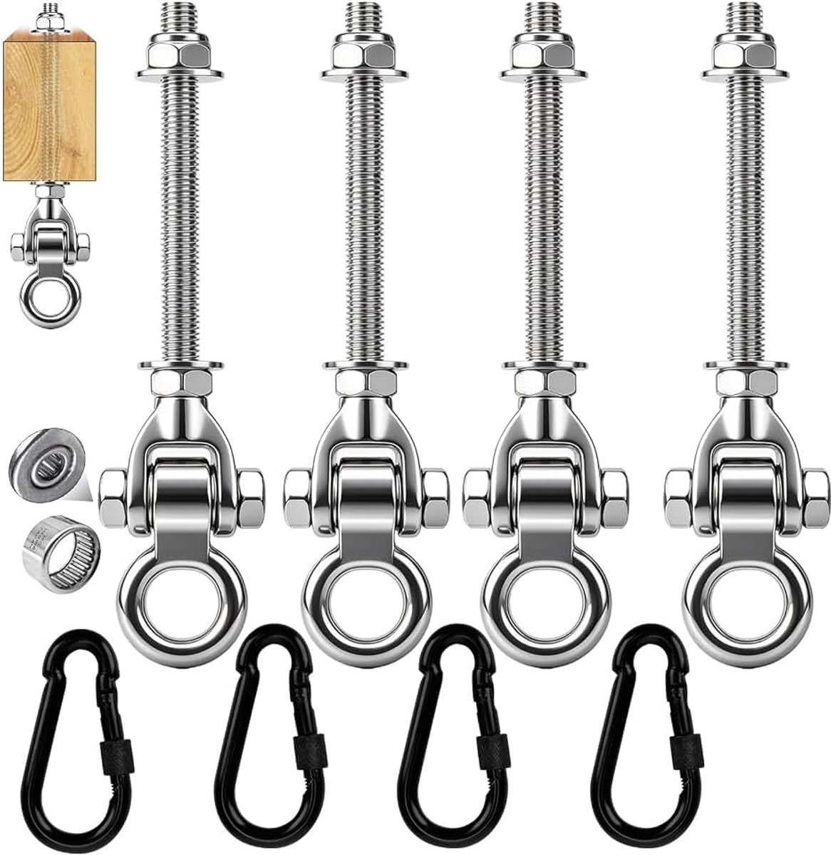 4 schommelhaken M10, 297 mm, roestvrij staal, schommelophanging, schommel, hangstoel, ophanging met lagers voor houten balken, stalen balken, speelplaats, yoga, schommel, hangmat, binnen en