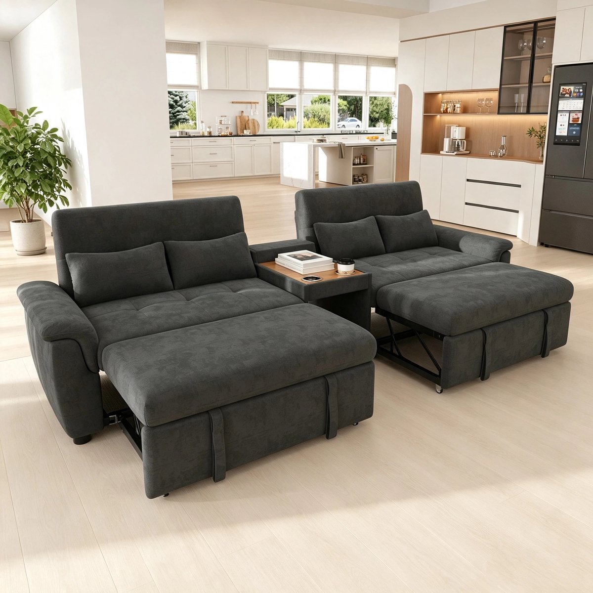 2-Zits bank, U-Vormige Slaapbank, Uitschuifbaar, Tweepersoons Slaapgedeelte, Verstelbare Rugleuning, Huisdiergedeelte, Salontafel Met 2 Bekerhouders, 4 Kussens, Chenille, Donkergrijs, 284×138×89 cm -Donkergrijs