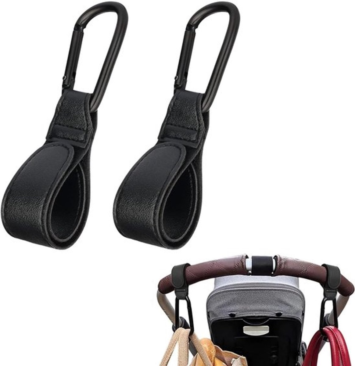 - Kinderwagenclips - Handige haakjes voor kinderwagen - PU-leer - Ideaal voor boodschappentassen - 2-delige set voor ouders - Geschikt voor alle ...